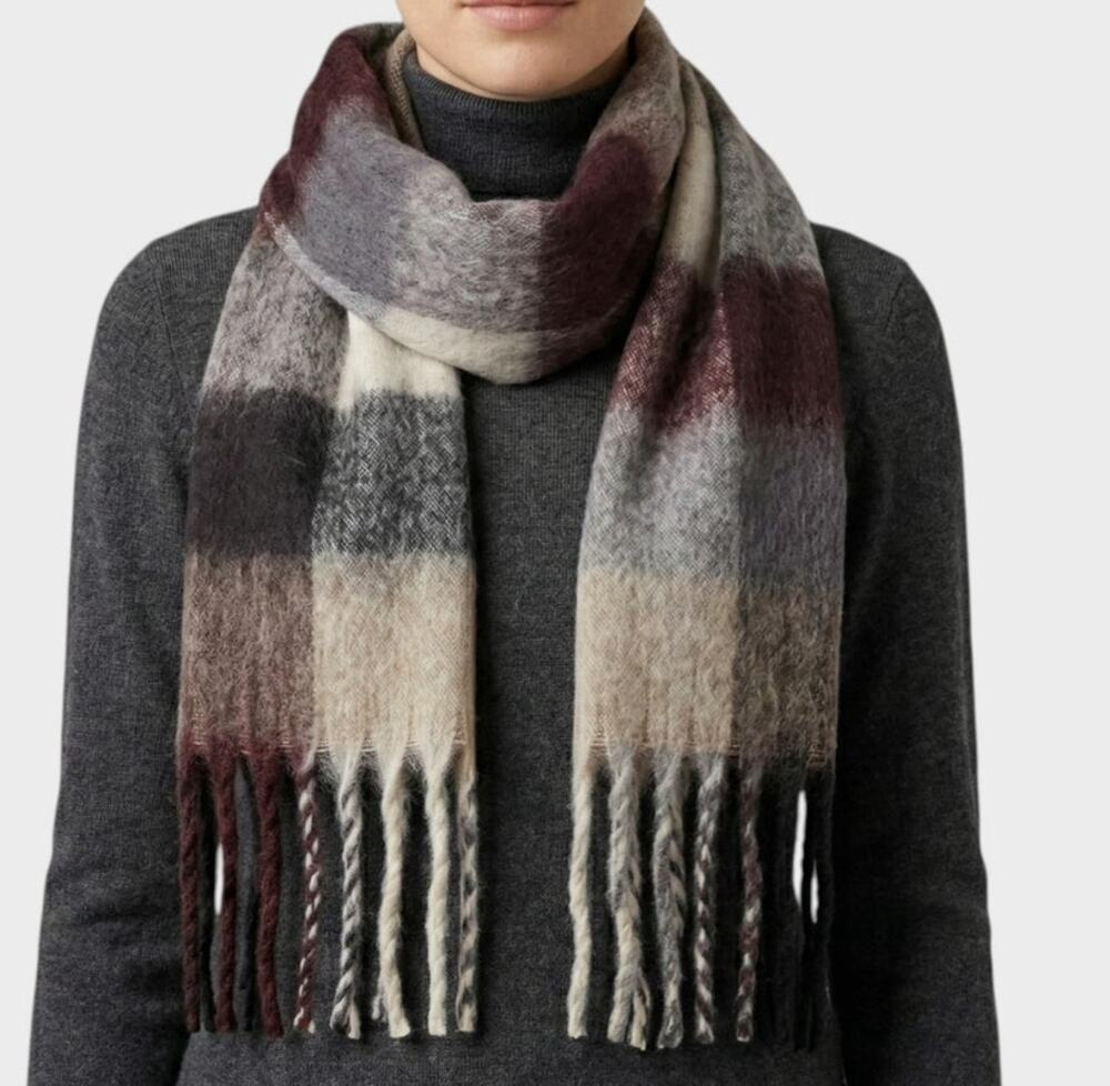 Soft Brown Cream Plaid Rectangle Scarf with Fringe 16" x 60"